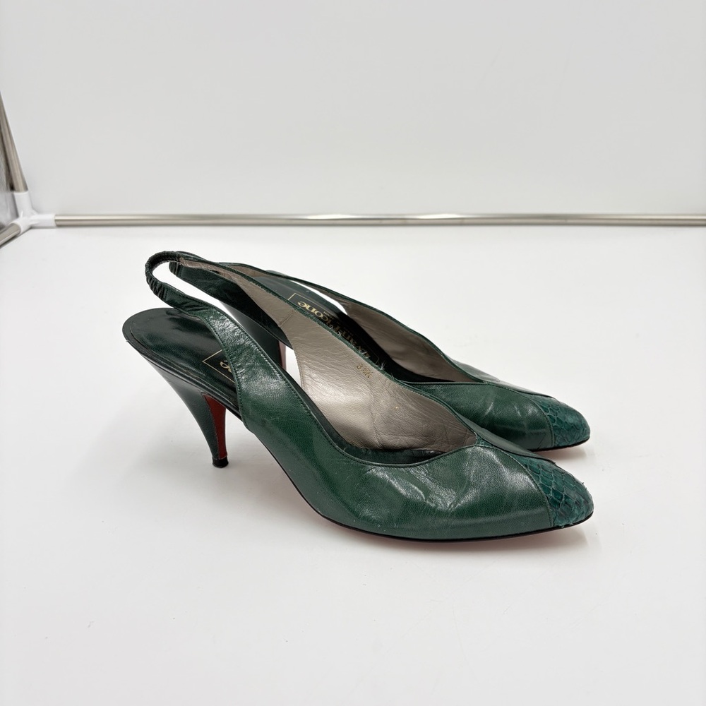 Vintage Evan Picone Emerald Green Leather Snakeskin Kitten Heel Slingback 8.5